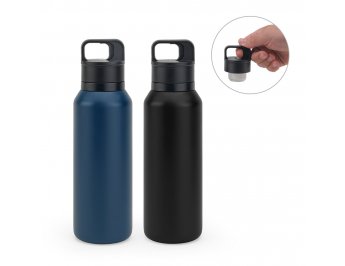 Garrafa em a�o 91% inoxid�vel com parede dupla isolada a v�cuo e bot�o que facilita sua abertura 590 mL